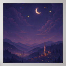 幻想的な月明かりの村の夜景