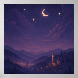 幻想的な月明かりの村の夜景 ポスター