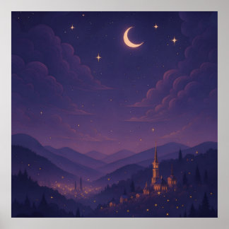 幻想的な月明かりの村の夜景 ポスター