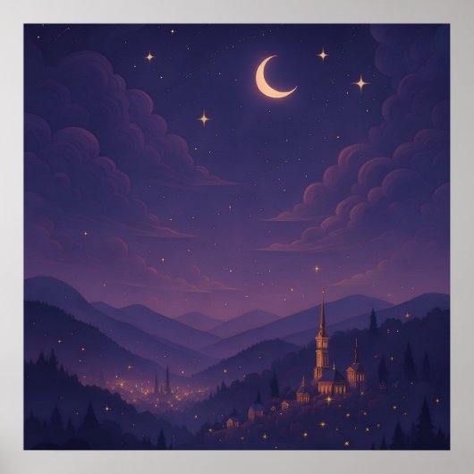 幻想的な月明かりの村の夜景 ポスター (正面)