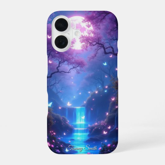 幻想的な月明かりの滝の幻想的なスマホケース iPhone 16ケース (裏面)