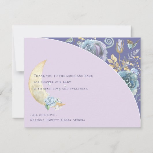 幻想的な月 ラベンダー パープル ベビーシャワー サンキューカード (裏面)