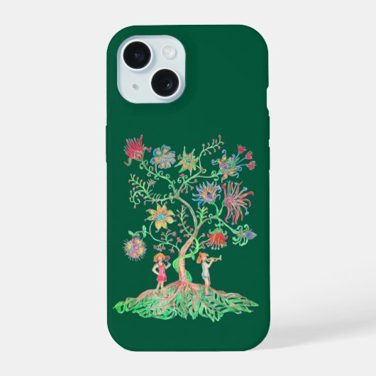 幻想的な木を描いた鮮やかなドローイング iPhone 15ケース (裏面)
