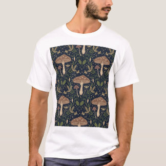 幻想的な森のキノコ シームレスなボタニカル柄 Tシャツ