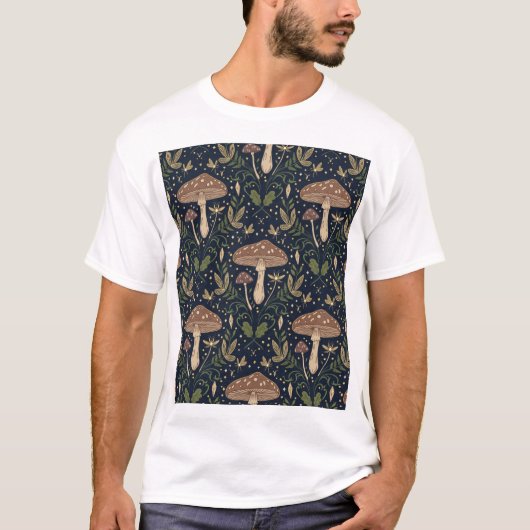 幻想的な森のキノコ シームレスなボタニカル柄 Tシャツ (正面)