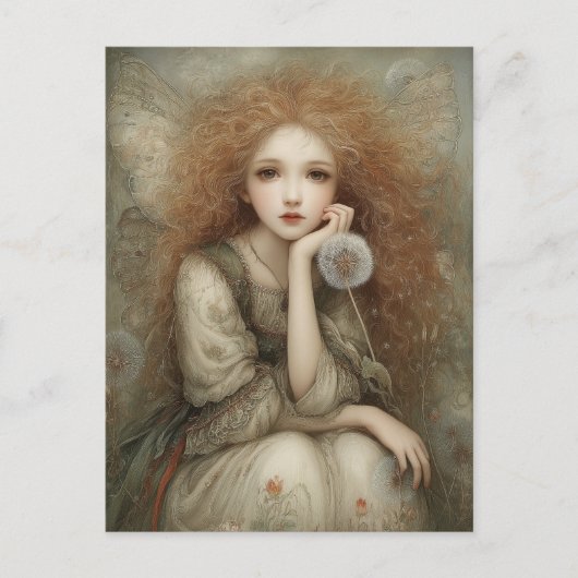 幻想的な森の妖精の肖像画とダンデライオン ポストカード (正面)