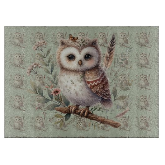 幻想的な森林のフクロウの植物画 カッティングボード (正面)