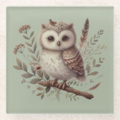 幻想的な森林のフクロウの植物画 ガラスコースター (正面)