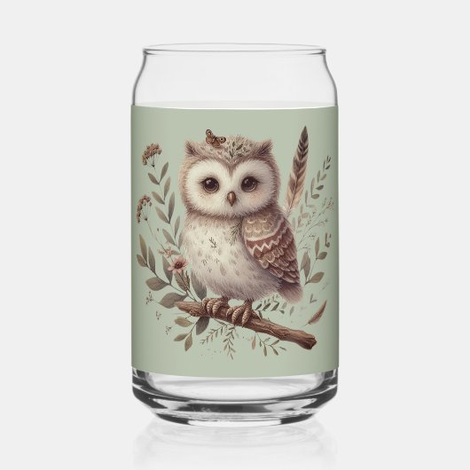 幻想的な森林のフクロウの植物画 ガラス缶 (正面)