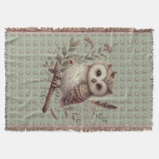 幻想的な森林のフクロウの植物画 スローブランケット (正面)