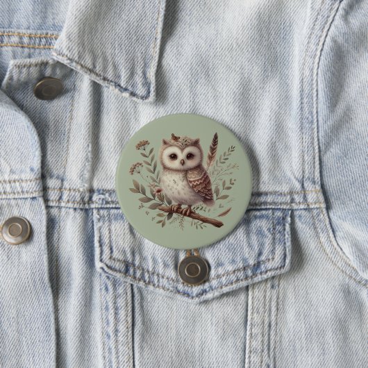 幻想的な森林のフクロウの植物画 缶バッジ (インサイチュ)