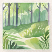 幻想的な森｜水彩画の森林風景 ガラスコースター (正面)
