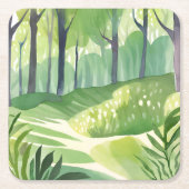 幻想的な森｜水彩画の森林風景 スクエアペーパーコースター (正面)