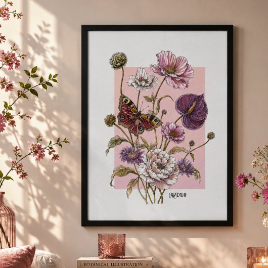 幻想的な植物画の蝶と花の芸術 ポスター