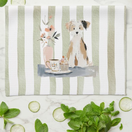 幻想的な水彩お茶の時間の犬キッチン タオル (折り畳み)