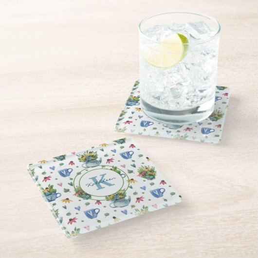 幻想的な水彩のワイルドフラワーティーパーティー ガラスコースター (アングル)