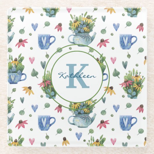 幻想的な水彩のワイルドフラワーティーパーティー ガラスコースター (正面)