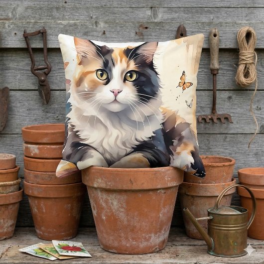 幻想的な水彩の三毛猫と蝶 クッション