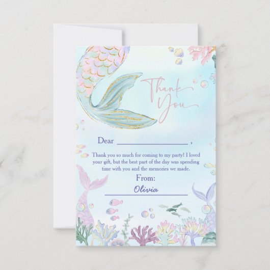 幻想的な水彩の人魚の誕生日パーティー サンキューカード (正面)