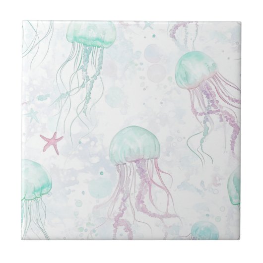 幻想的な水彩クラゲの海洋柄 (1) タイル (正面)
