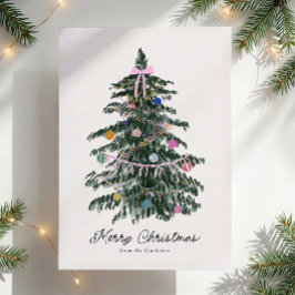 幻想的な水彩クリスマスツリー ピンクのリボン シーズンカード