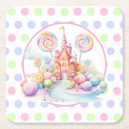 幻想的な水彩パステルカラーのキャンディランドの誕生日 スクエアペーパーコースター