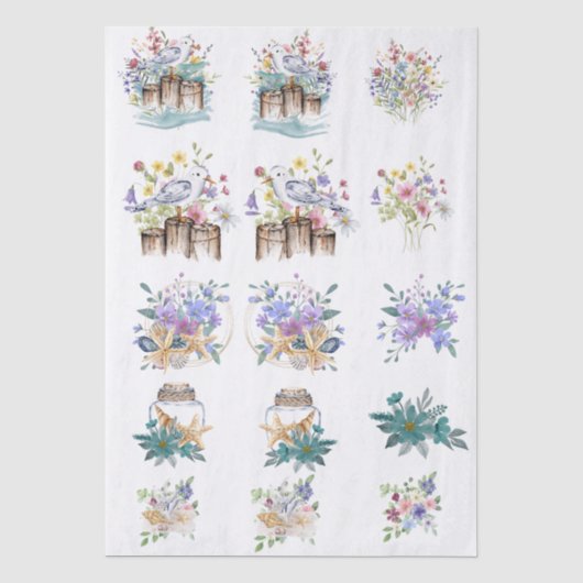 幻想的な水彩ビーチの花と貝殻  薄葉紙 (正面)
