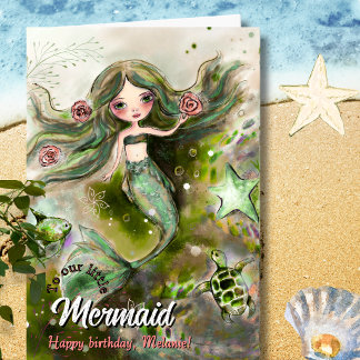 幻想的な水彩人魚とウミガメの誕生日 シーズンカード