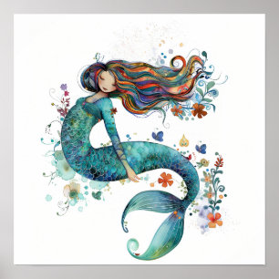 幻想的な水彩人魚アートプリント ポスター