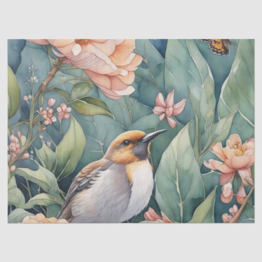 幻想的な水彩庭園と一羽の鳥のデコパージュ 薄葉紙 (正面)