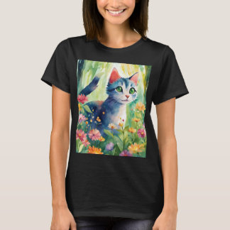 幻想的な水彩猫と花の庭 | かわいいN Tシャツ