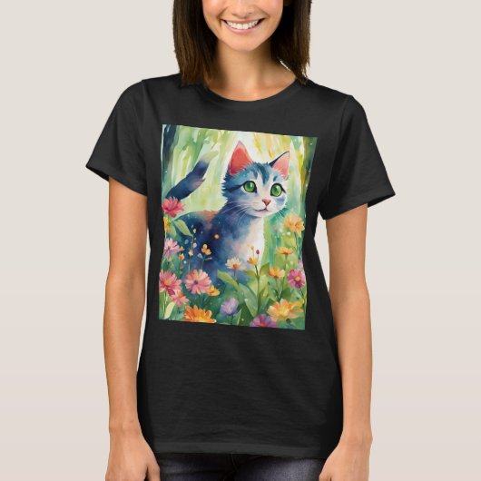 幻想的な水彩猫と花の庭 | かわいいN Tシャツ (正面)