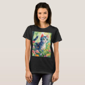 幻想的な水彩猫と花の庭 | かわいいN Tシャツ (正面フル)