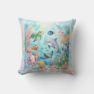 幻想的な水彩画の海洋生物たち 海の中 クッション