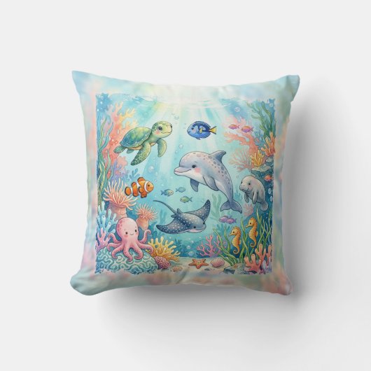 幻想的な水彩画の海洋生物たち 海の中 クッション (正面)