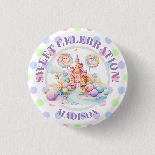 幻想的な水彩画の淡い色使いのキャンディランドの誕生日 缶バッジ (正面)
