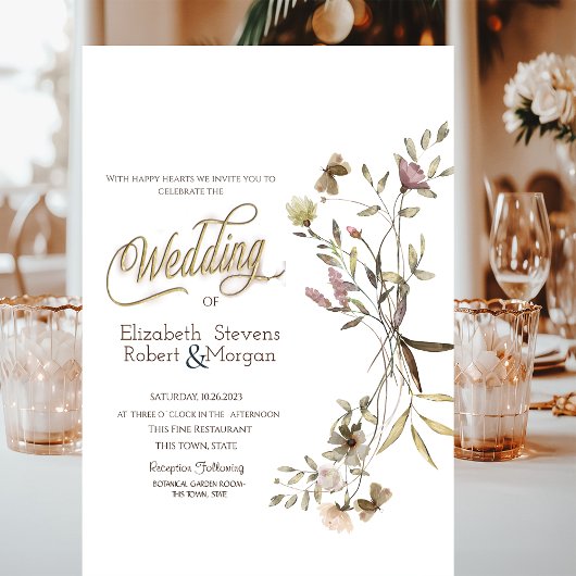 幻想的な水彩画の野生の花の結婚式 招待状