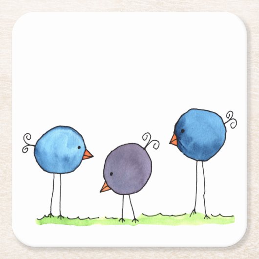 幻想的な水彩画の鳥3羽 スクエアペーパーコースター (正面)
