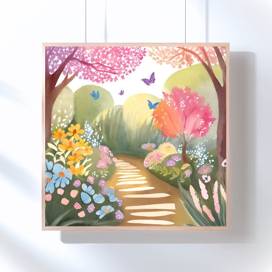 幻想的な水彩画 花の庭園 ポスター
