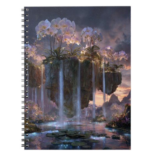 幻想的な浮島の滝と蘭の花のアートノート ノートブック (正面)