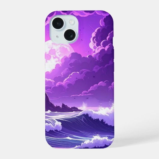 幻想的な海の月夜 – Violet Tide iPhone 15ケース (裏面)