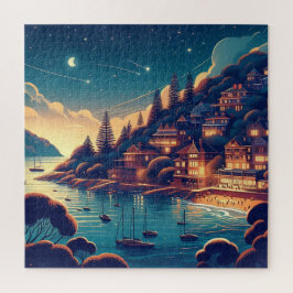 幻想的な海岸の夜の村 星空 ジグソーパズル