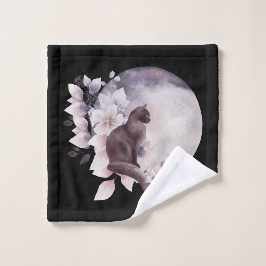 幻想的な満月の前の黒猫 バスタオルセット (ウォッシュタオル)