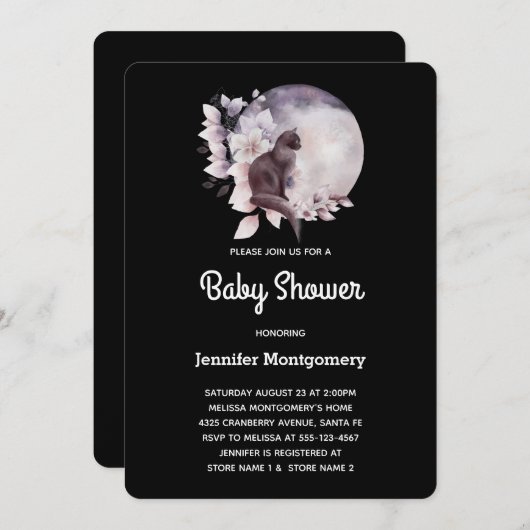 幻想的な満月シャワーの前の黒猫 招待状 (正面/裏面)