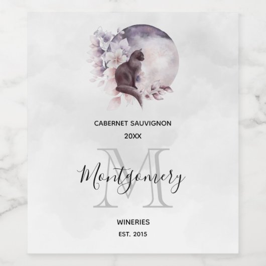 幻想的な満月ワイン造りの黒猫 ワインラベル (シングルラベル)