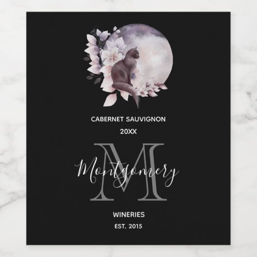 幻想的な満月ワイン造りの黒猫 ワインラベル (シングルラベル)