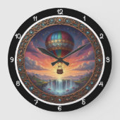 幻想的な熱気球と滝 ラージ壁時計 (正面)