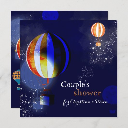 幻想的な熱気球カップルのシャワー 招待状 (正面/裏面)
