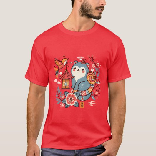 幻想的な犬と鳥の友達 Tシャツ (正面)