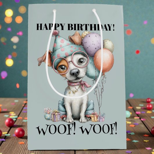 幻想的な犬の水彩画の誕生日 ミディアムペーパーバッグ